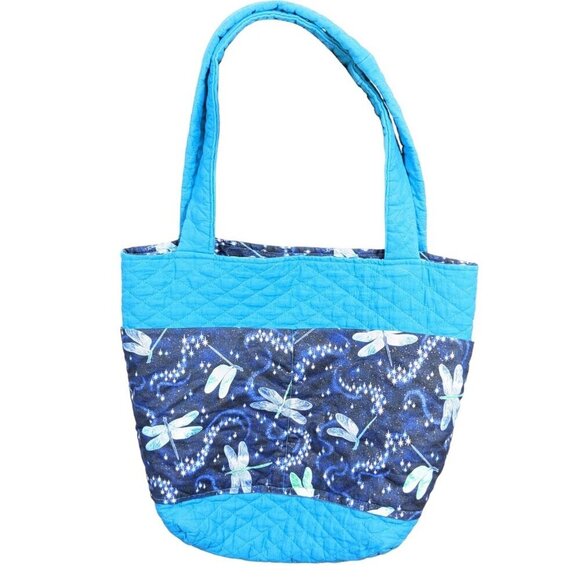 Teal Navy Quilted Purse Tote Bag Dragonfly Stars Print Four Pockets Sparkle - Picture 1 of 4